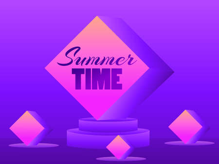 Summer time. 3d 80s style podium with purple gradient. 3D studio stage with podium, exhibition hall pedestal. Synthwave and retrowave style. Vector illustrationのイラスト素材