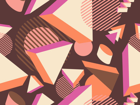 Geometric seamless pattern in memphis style with 3d geometric shapes. Isometric geometry in the...