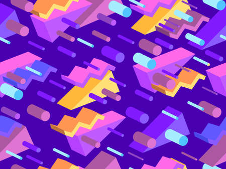 Memphis seamless pattern with 3d isometric geometric shapes in the style of the 80s. Background for promotional products, wrapping paper and printing. Vector illustrationのイラスト素材
