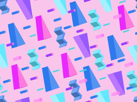 Geometric seamless pattern in memphis style with 3d geometric shapes. Isometric geometry in the...