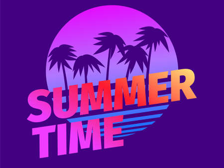 Summer time. Palm trees against a gradient sun in the style of the 80s. Synthwave and retrowave style. Design for advertising brochures, banners, posters, travel agencies. Vector illustrationのイラスト素材