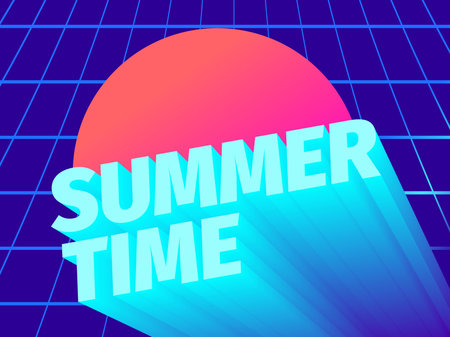 Summer time. 80s retro sci-fi 3D text. Virtual reality grid background. Synthwave and retrowave...