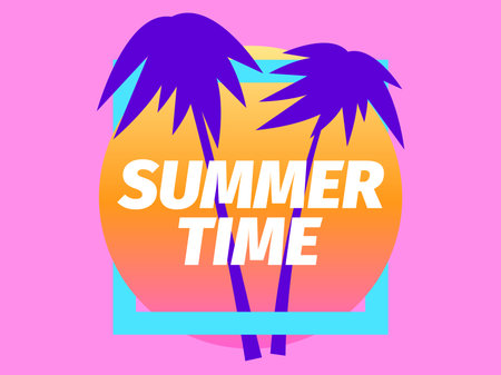 Summer time. Purple palm trees against a background of a gradient orange sun in a blue frame on a...