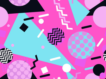 Geometric seamless pattern in the style of memphis from the 80s. Circles with zigzags and geometric...