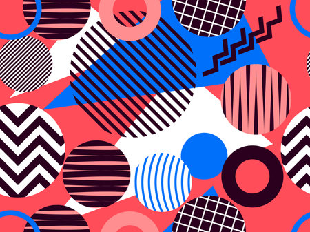 Geometric seamless pattern in the style of memphis from the 80s. Circles with zigzags and geometric...