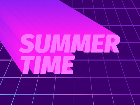 Summer time text in 80s style. Virtual reality grid background. Synthwave and retro wave style....