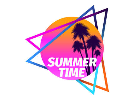 80s retro sci-fi palm trees on a sunset isolated on white background. Retro futuristic sun with palm trees. Summer time. Synthwave and retrowave style  . Vector illustrationのイラスト素材