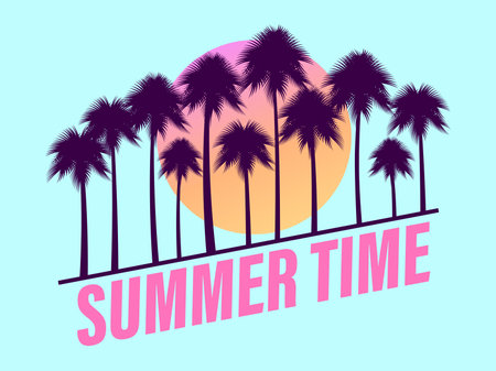 Summer time. Palm trees against a gradient sun in the style of the 80s. Diagonal text on a blue...