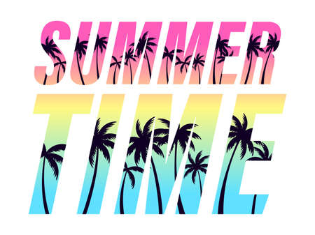 Summer time. Text with palm trees on a sunset. 80s retro design for banner, poster and party invitations. Vector illustrationのイラスト素材
