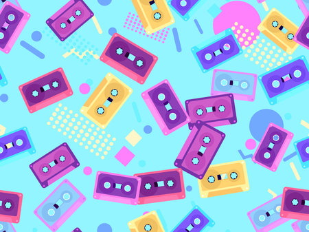 Seamless pattern with audio cassettes with geometric shapes in the style of the 80s. Music cassettes for music tape recorders. Vector illustrationのイラスト素材