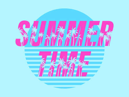 Summer time. Text with palm trees on a sunset. 80s retro design for banner, poster and party invitations. Vector illustrationのイラスト素材