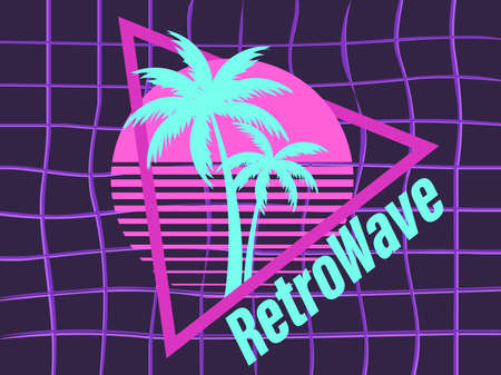 Retro sci-fi 80s palms at retro sunset. Futuristic sun with palm trees. A virtual reality. Synthwave and retrowave style. Background for printing, advertising material and banners. Vector illustrationのイラスト素材
