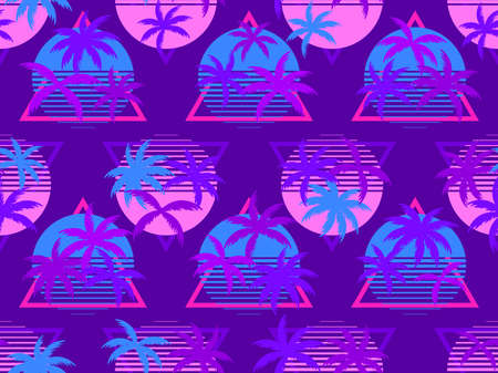 Palm trees and retro sun in the style of the 80s. Seamless pattern in synthwave and retrowave style. Retro futuristic sunset. Design for advertising brochures, banner and print. Vector illustrationのイラスト素材