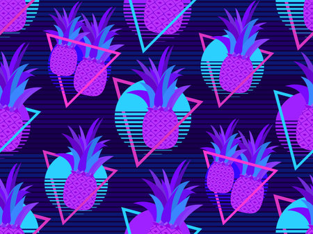 Pineapples and sunset 80s style seamless pattern. Synthwave and retrowave style. Retro futuristic...