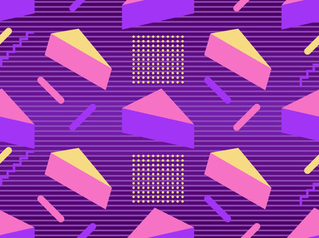 80s geometric seamless pattern in Memphis style. Geometric shapes on a striped background. Synthwave...