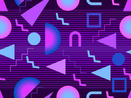 80s geometric seamless pattern in Memphis style. Geometric shapes on a striped background. Synthwave and retrowave style. Design for advertising brochures, banner and print. Vector illustrationのイラスト素材