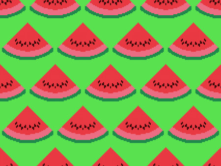 Watermelon slices seamless pattern in pixel art style. 8 bit icon watermelon with seeds. Trend...
