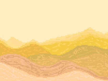 Pixel desert landscape with sand dunes. Retro 8-bit video game of the 90s in 2D. Pixel art design for games, apps, banners and posters. Vector illustrationのイラスト素材