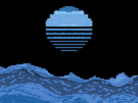 Pixel night sea with retro moon. Full moon over the ocean. Retro 8-bit video game of the 90s in 2D. Pixel art design for games, apps, banners and posters. Vector illustrationのイラスト素材