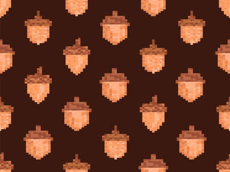 Acorns seamless pattern in pixel art style. 8 bit icon acorn, oak symbol. Trend design for printing, wrapping paper and advertising. Vector illustrationのイラスト素材