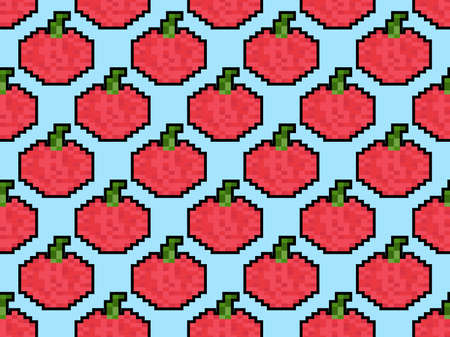 Red apple seamless pattern in pixel art style. 8 bit icon apple in 2D retro style. Design for printing, wrapping paper and advertising. Vector illustrationのイラスト素材