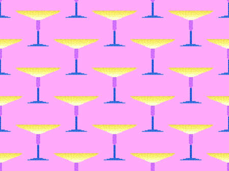 Cocktail glass seamless pattern. Martini glass pixel art. 8 bit graphic in the style of video games from the 90s. Design for printing, wrapping and advertising. Vector illustrationのイラスト素材
