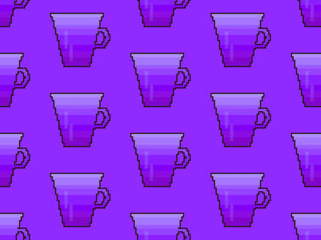 Cup of coffee seamless pattern in pixel art style. Coffee cup 8 bit retro games graphics from the 90s. Design for printing, wrapping paper and advertising. Vector illustrationのイラスト素材