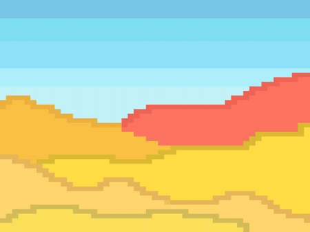 Pixel desert landscape with sand dunes. Retro 8-bit video game of the 90s in 2D. Pixel art design for games, apps, banners and posters. Vector illustrationのイラスト素材