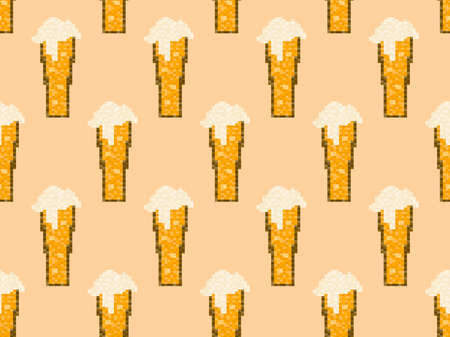 Pixel beer seamless pattern. Glass of beer pixel art. 8 bit mug, pixel drinks. Graphic style of video games from the 90s. Design for games, wrapping and advertising. Vector illustrationのイラスト素材