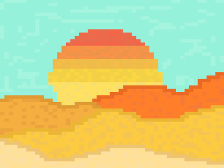 Pixel landscape with mountains and sun. Sunrise over the mountains in pixel art style. Retro 8-bit...