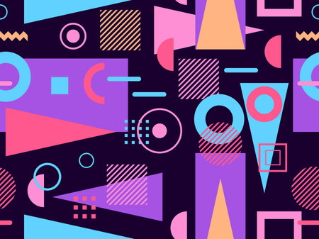 Memphis seamless pattern. Geometric elements memphis in the style of 80's. Composition of triangles, zigzags and circles. Background for brochures, banners and prints. Vector illustrationのイラスト素材