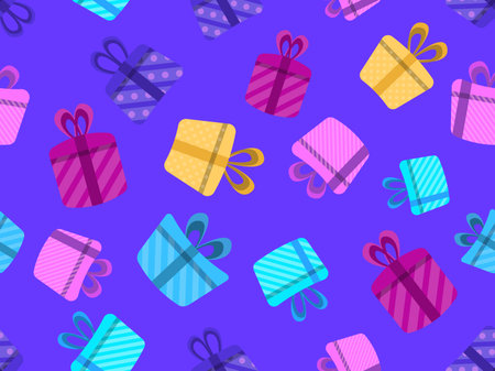 Colorful gift boxes seamless pattern. Collection of various gift boxes in flat style. Festive design...