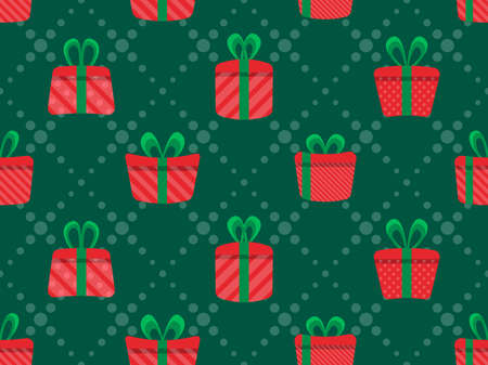 Red gift boxes with green ribbon seamless pattern. Various gift boxes in flat style. Festive design for postcards, wrapping paper, banners and promotional materials. Vector illustrationのイラスト素材