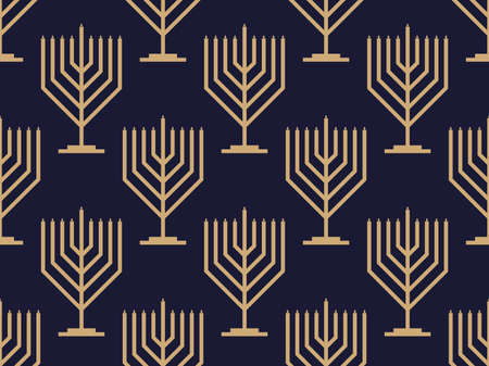 Hanukkah seamless pattern with menorah with nine candle. Jewish festival background for invitation flyers, brochures and promotional items. Golden menorah on black background. Vector illustrationのイラスト素材
