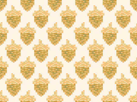Pixel acorns seamless pattern. 8 bit icon acorn, retro graphics in the style of the 80s - 90s. Oak symbol. Design for wrapping paper, banners, and fabric prints. Vector illustrationのイラスト素材