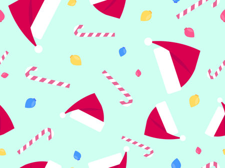Christmas seamless pattern with Christmas balls, lollipops and Santa hat. Festive design for...
