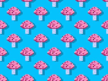 Pixel mushrooms seamless pattern. 8 bit mushroom, retro graphics in the style of the 80s - 90s. Design for printing, wrapping paper and advertising. Vector illustrationのイラスト素材