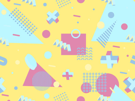 80s seamless pattern with geometric shapes in memphis style. Circles and triangles. Colorful...