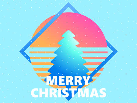 Retro sci-fi 80s Christmas tree at sunset. Retro futuristic sun with fir trees. Merry Christmas greeting card in synthwave and retrowave style. Vector illustrationのイラスト素材
