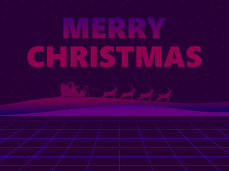 Santa Claus in a sleigh with reindeer in 80s virtual reality. Synthwave and retrowave style. Merry Christmas lettering. Design of a greeting card, banner and promoted products. Vector illustrationのイラスト素材