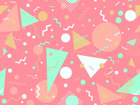 Geometric seamless pattern in 80s memphis style. Abstract geometric background design for brochures, banners and advertisements. 80s - 90s style wrapping paper pattern. Vector illustrationのイラスト素材