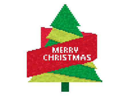 Pixel art Merry Christmas. 8-bit Christmas tree with ribbon in 80s style. Festive design for greeting cards, posters and banners. Vector illustrationのイラスト素材