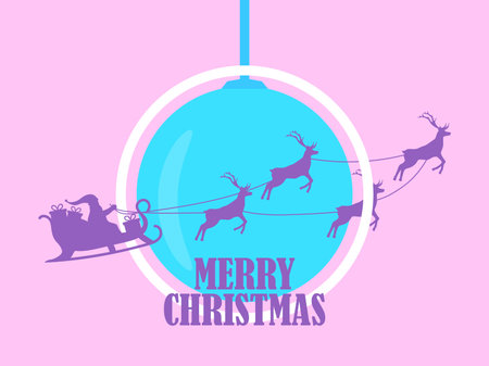 Santa Claus in a sleigh with reindeer against the background of a hanging Christmas ball. Festive design in 80s synthwave and retrowave style for greeting card and poster. Vector illustrationのイラスト素材