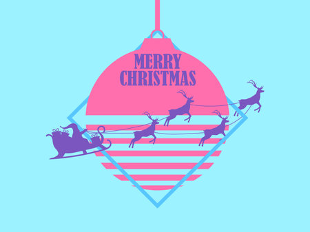 Santa Claus in a sleigh with reindeer against the background of a hanging Christmas ball. Festive design in 80s synthwave and retrowave style for greeting card and poster. Vector illustrationのイラスト素材