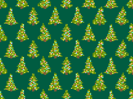 Pixel decorated Christmas trees seamless pattern. 8 bit Christmas tree in the style of pixel art retro video games. Design for printing, wrapping paper and advertising. Vector illustrationのイラスト素材