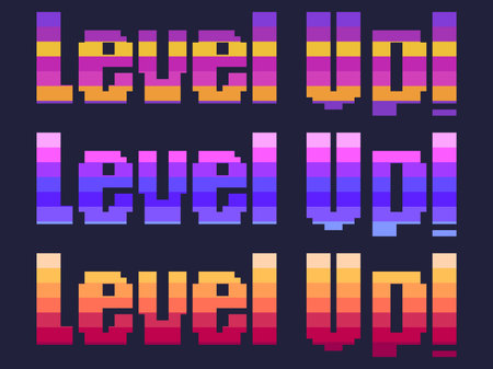 Level up! pixel art. Achievement in the game, leveling up. Text in 8-bit retro video game style from 80s - 90s. Design for printing, wrapping paper and advertising. Vector illustrationのイラスト素材