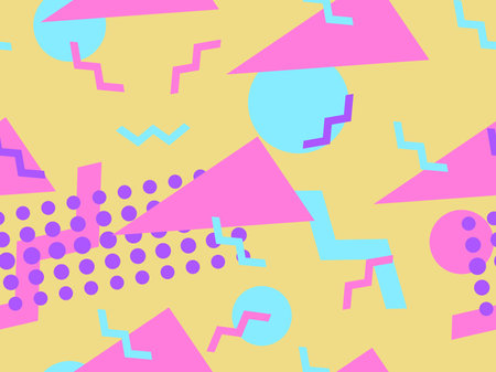 Geometric seamless pattern in 80s memphis style. Colorful background with geometric shapes. Design for promotional products, wrapping paper, brochures and printing. Vector illustrationのイラスト素材