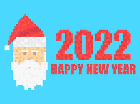 2022 Happy New Year in pixel art style. Congratulations text and Santa Claus in 8 bit retro video game style. Festive design for greeting cards, posters and banners. Vector illustrationのイラスト素材