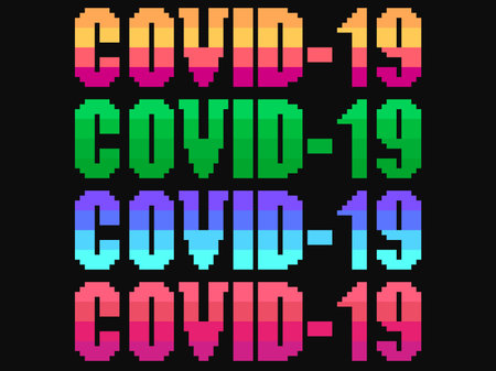 Covid 2019 pixel art text in 80s and 90s video game 8-bit style. Multi-colored text. Design for...