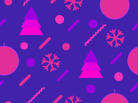 Christmas seamless pattern with geometric shapes in the style of the 80s. Christmas balls and trees...